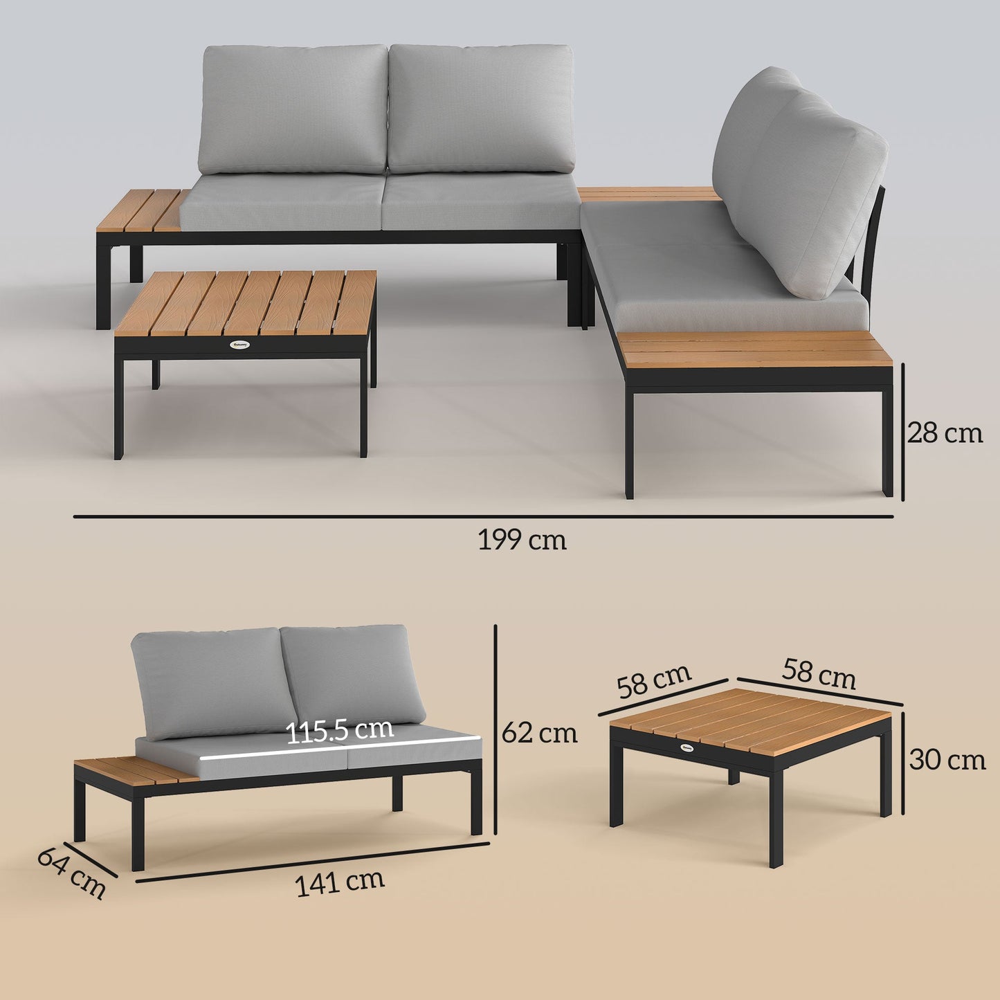 Outsunny Four-Piece Garden Corner Sofa Set with 2 Loveseats and 2 Coffee Tables - Teak