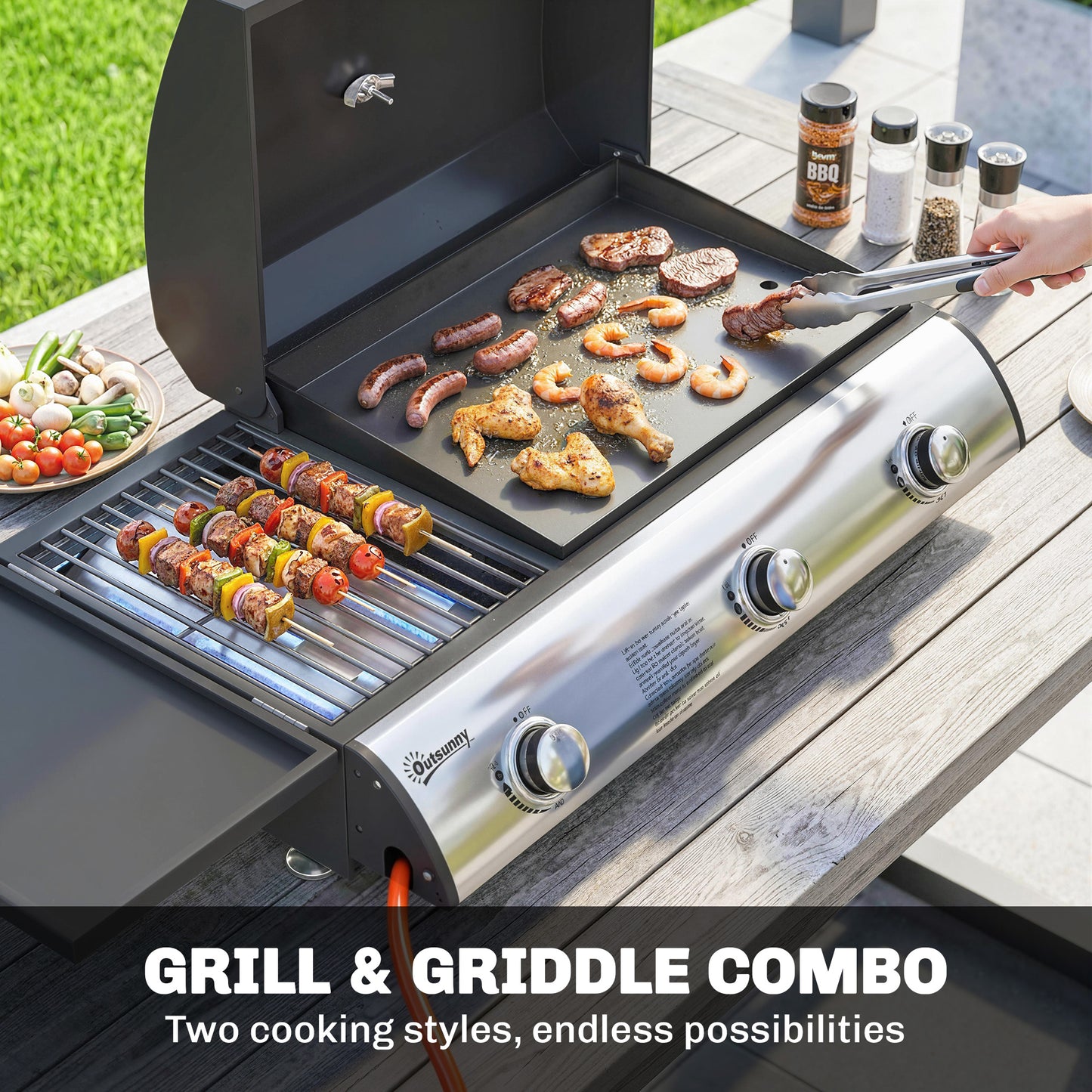 Outsunny 3 Burner Portable Gas Plancha BBQ Grill, 8.1 kW Outdoor Tabletop Gas Barbecue Grill with Griddle, Thermometer,, Black