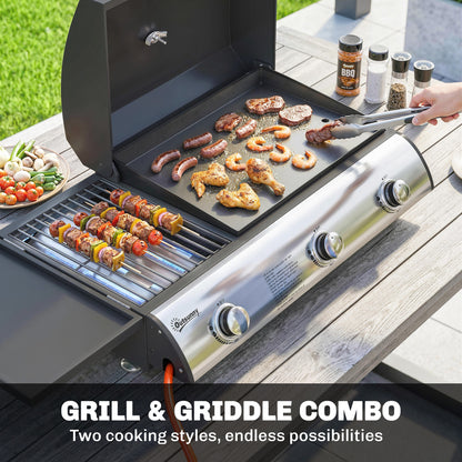 Outsunny 3 Burner Portable Gas Plancha BBQ Grill, 8.1 kW Outdoor Tabletop Gas Barbecue Grill with Griddle, Thermometer,, Black