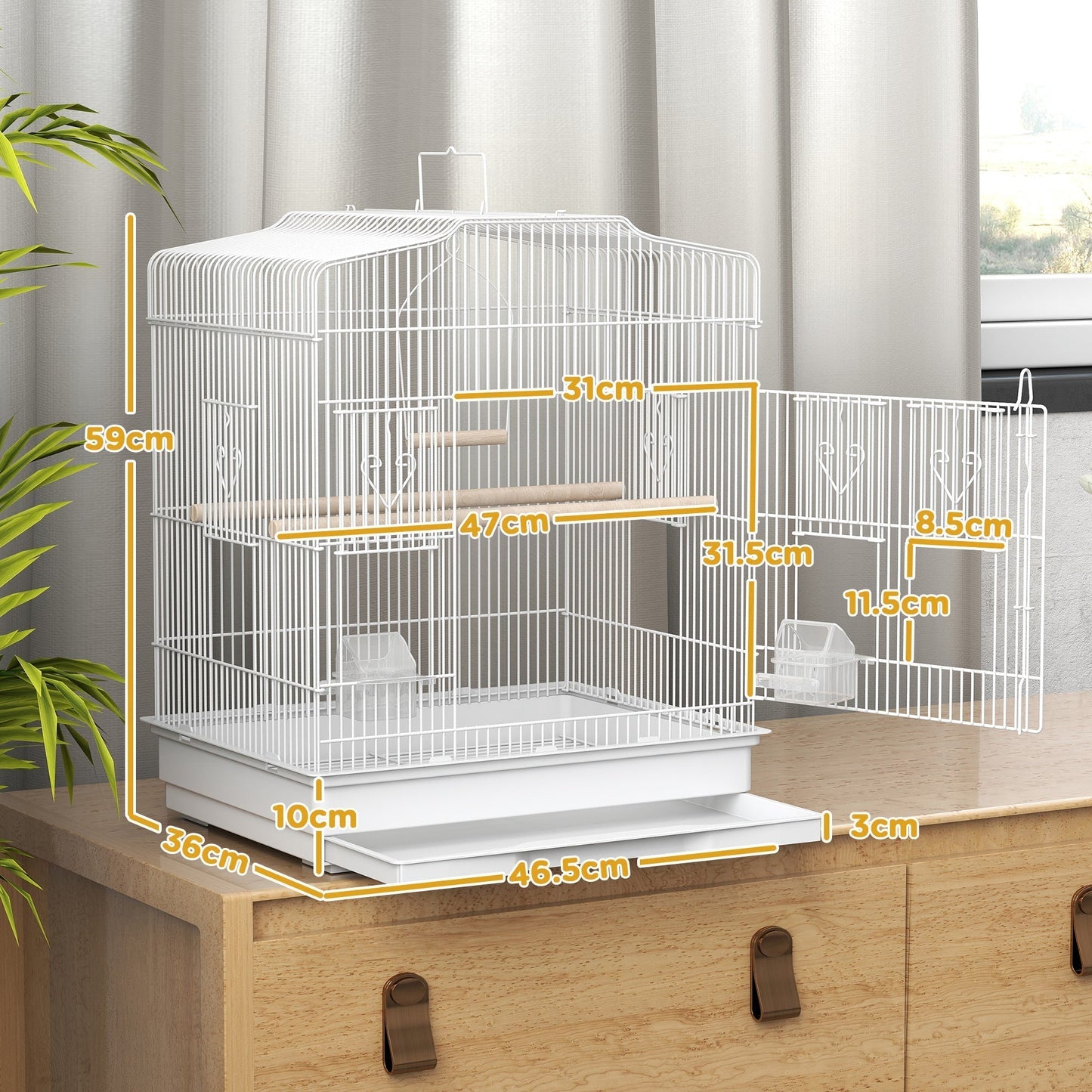 PawHut Large Metal Bird Cage with Perches, Food Bowls, Swing, for Budgies, Parakeets, White