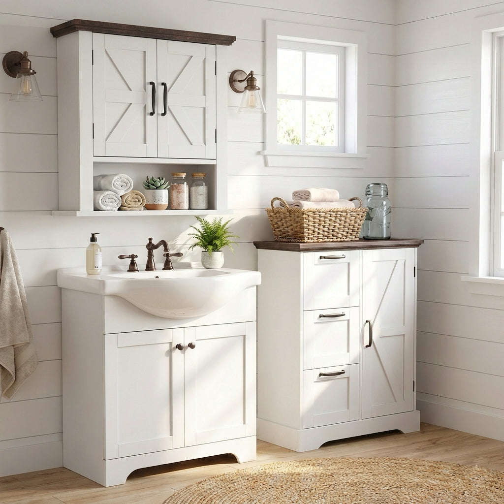 The Rustic Barn Collection - Bathroom Wall Cabinet and 3-Drawer Floor Cabinet costway
