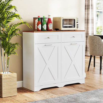 Tilt Out Trash Can Cabinet with Outlets and Adjustable Shelf for Kitchen-White