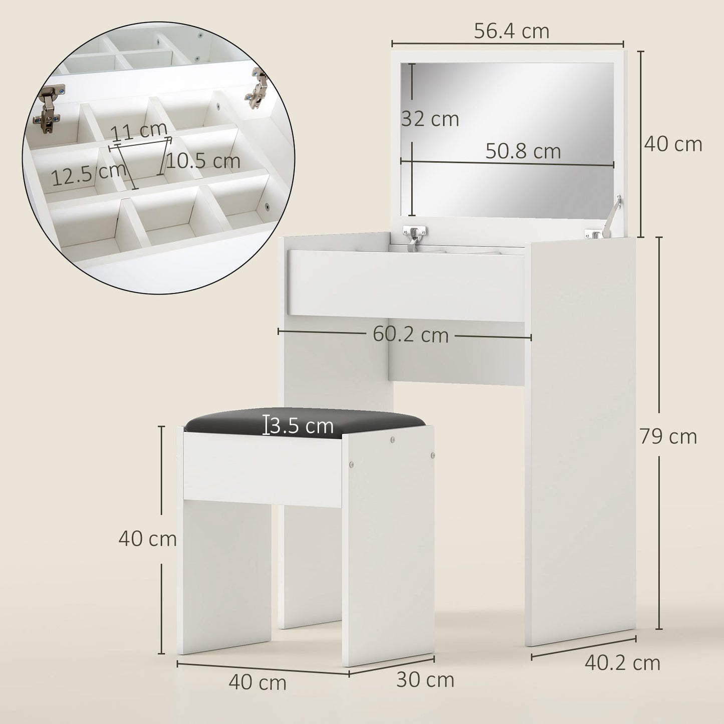 HOMCOM Dressing Table with Mirror and Stool, Vanity Makeup Table with Flip Up Mirror, Vanity Desk with Storage Unit and Padded Seat, White