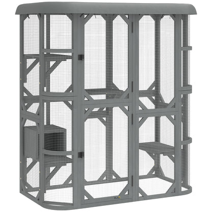 PawHut Catio Outdoor Cat Enclosure,  Wooden Cat House with Platforms, Condo and Waterproof Cover for 2â3 Kittens, Grey