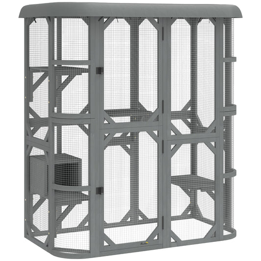 PawHut Catio Outdoor Cat Enclosure,  Wooden Cat House with Platforms, Condo and Waterproof Cover for 2â3 Kittens, Grey