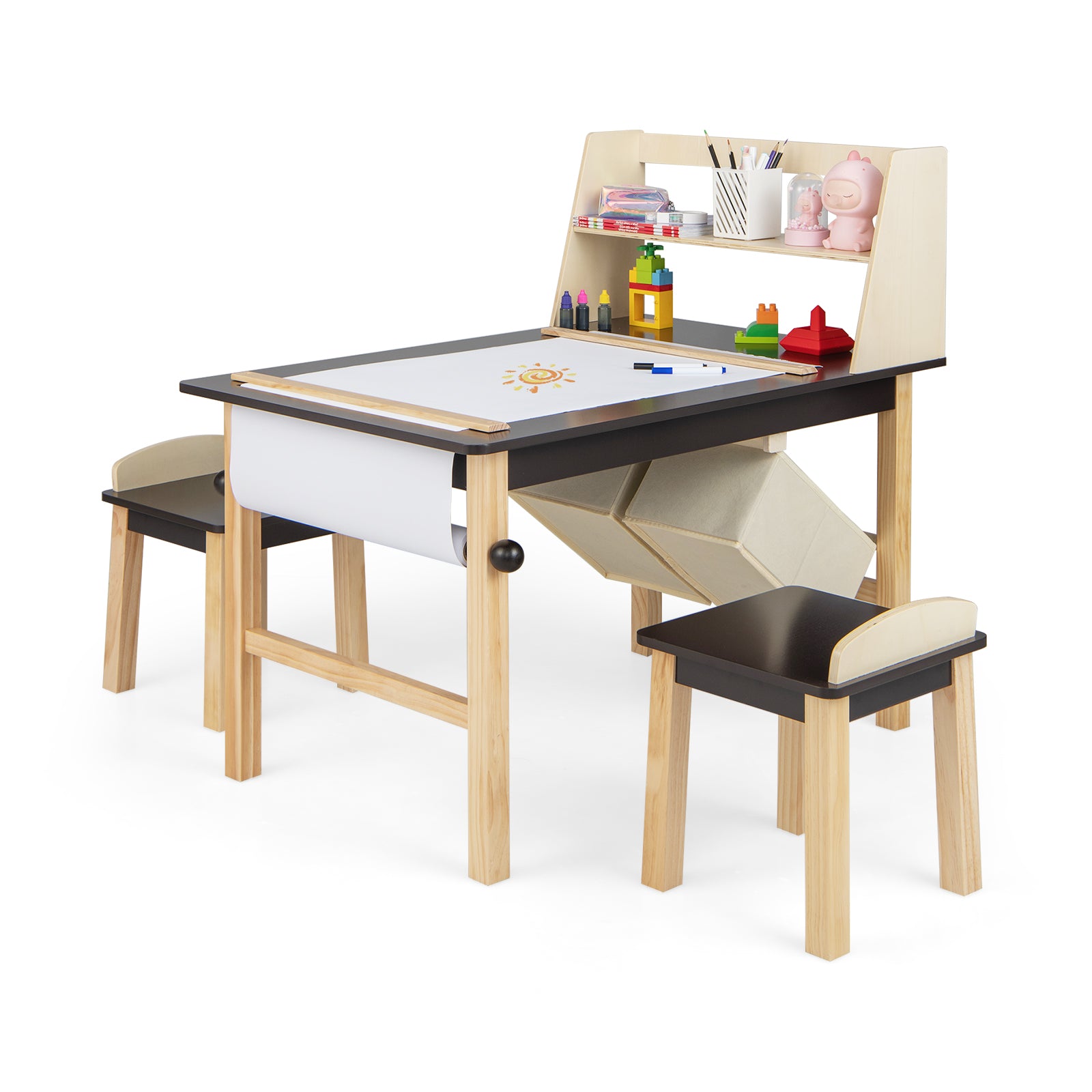 Kids Chairs Set with 2 Storage Bins and Paper Roll-Coffee