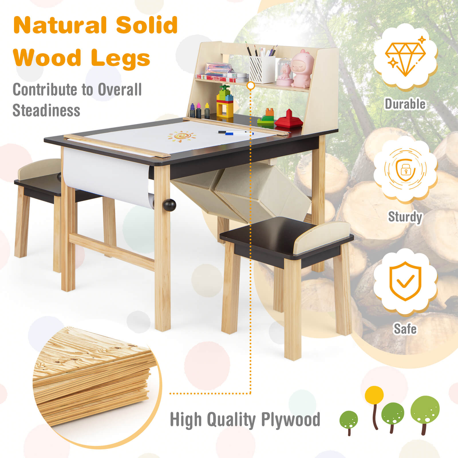 Kids Chairs Set with 2 Storage Bins and Paper Roll-Coffee