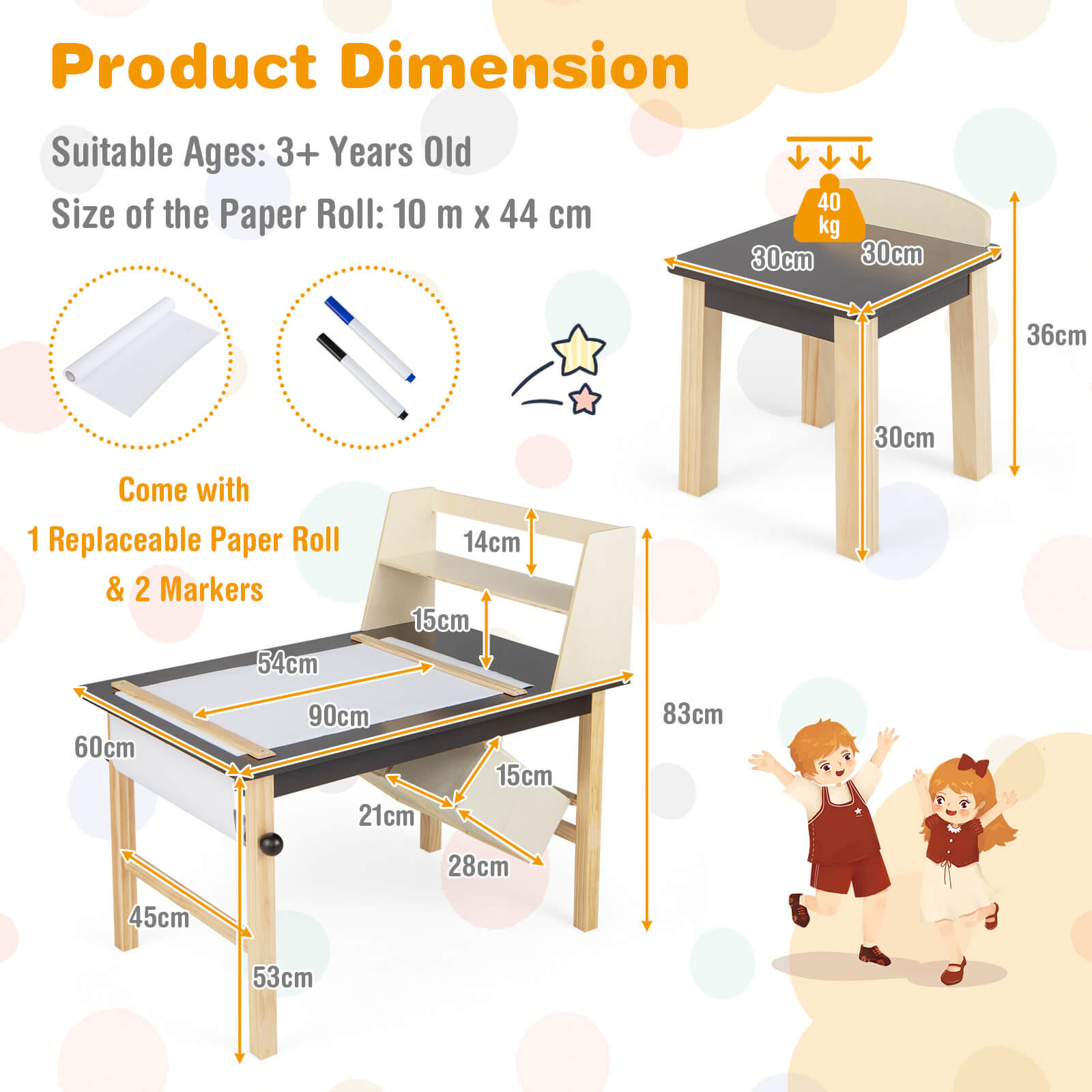 Kids Chairs Set with 2 Storage Bins and Paper Roll-Coffee