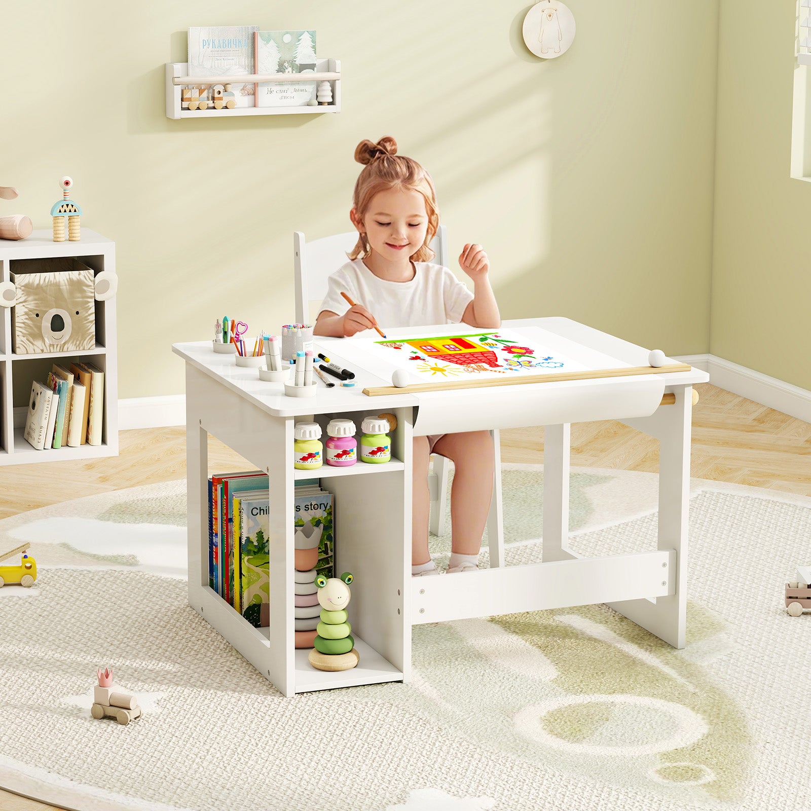 Toddler Craft Play Study Drawing Desk with Paper Roll 4 Paint Cups-White