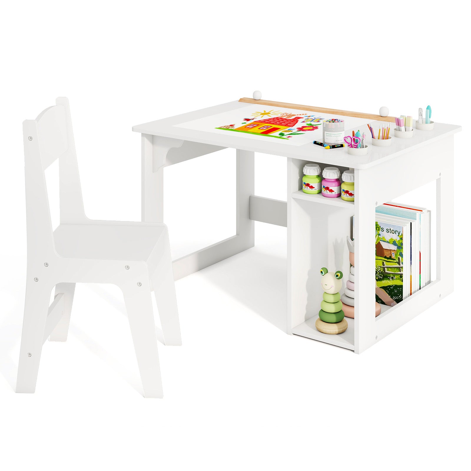 Toddler Craft Play Study Drawing Desk with Paper Roll 4 Paint Cups-White