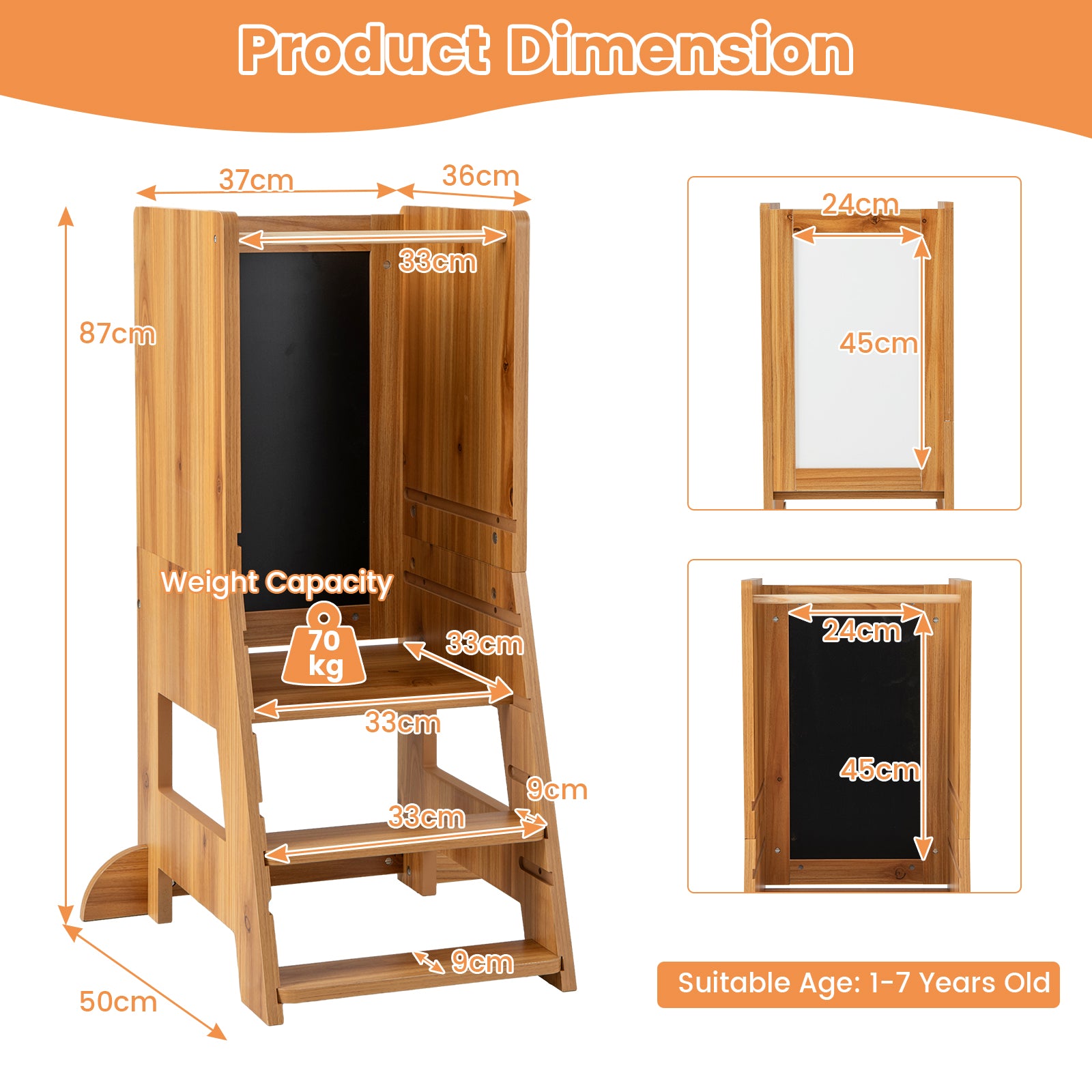 Toddler Kitchen Stool Helper with Chalkboard and Whiteboard-Natural