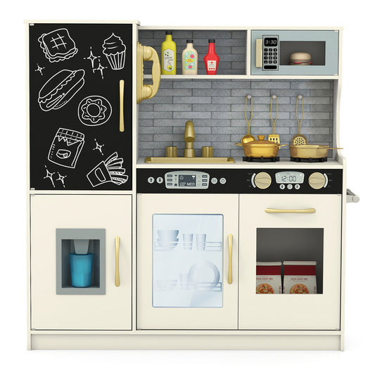 Toddler Pretend Kitchen Playset with Accessories and Simulated Sounds-Beige