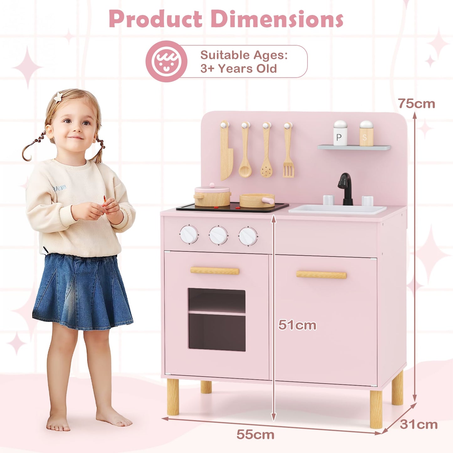 Toddler Pretend Play Kitchen with Light up Stove and Cooking Sounds-Pink