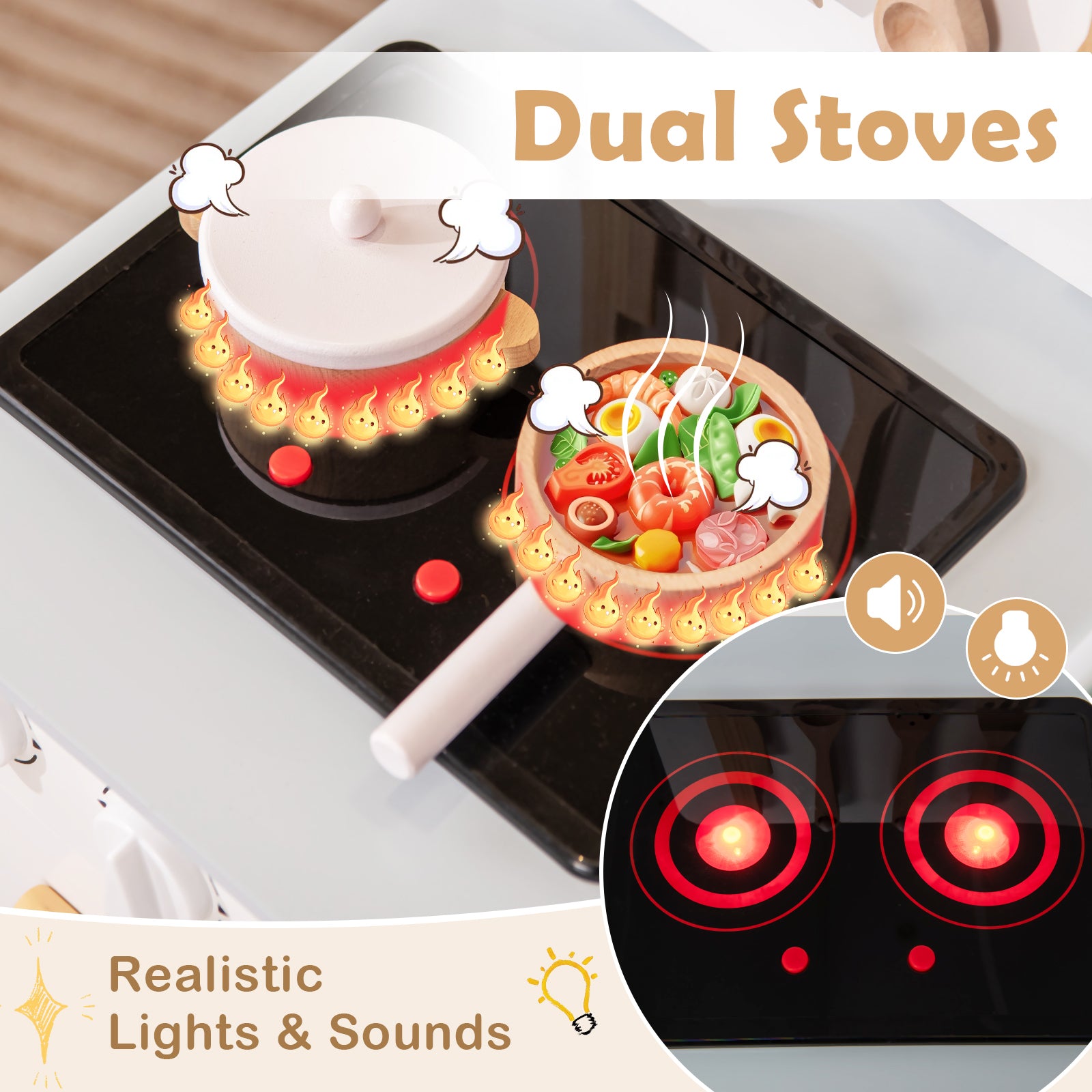 Toddler Pretend Play Kitchen with Light up Stove and Cooking Sounds-White