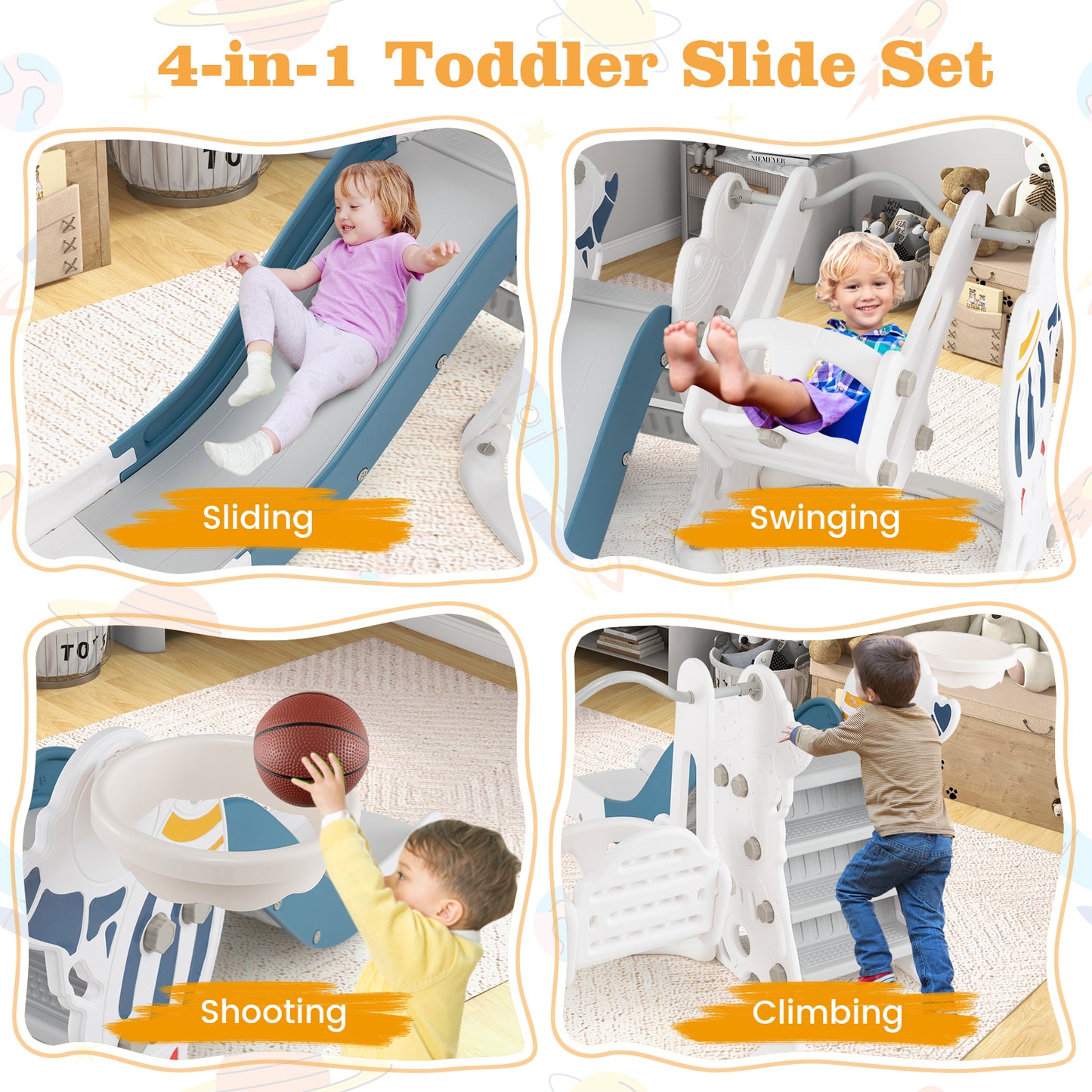 Toddler Slide and Swing Set with Extended Slide, Swing, Basketball Hoop and Climber-Blue