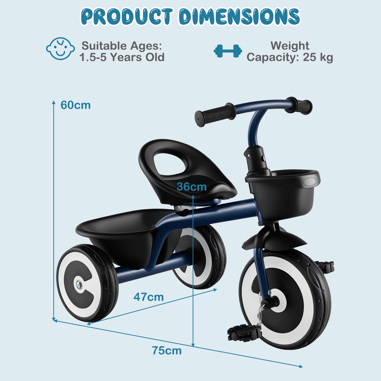 Toddler Tricycle Kids Trike with Adjustable Seat for 1.5-5 Years Old-Navy