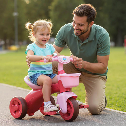 Toddler Tricycle with Limited Steering and Front Storage Basket and Bell-Pink