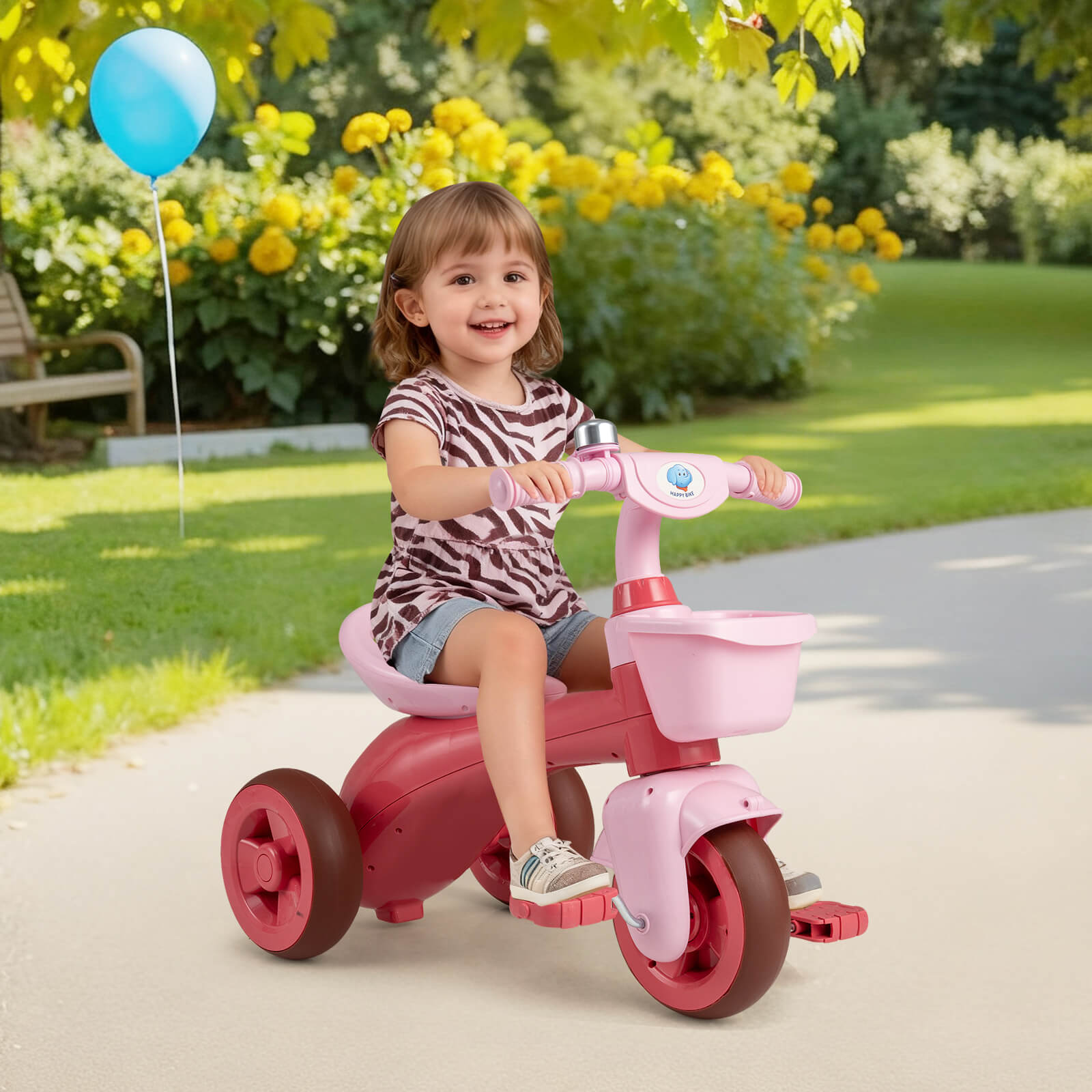 Toddler Tricycle with Limited Steering and Front Storage Basket and Bell-Pink