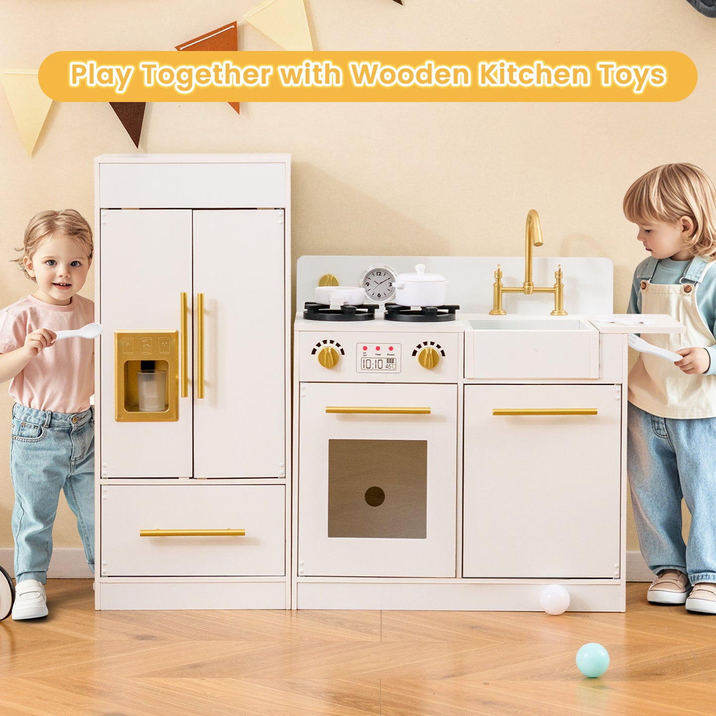 Toddler Wooden Pretend Toy Kitchen Playset with Refrigerator Stove Sink-White