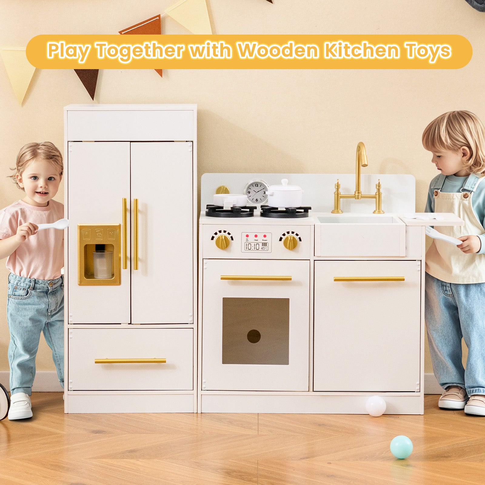 Toddler Wooden Pretend Toy Kitchen Playset with Refrigerator Stove Sink-White