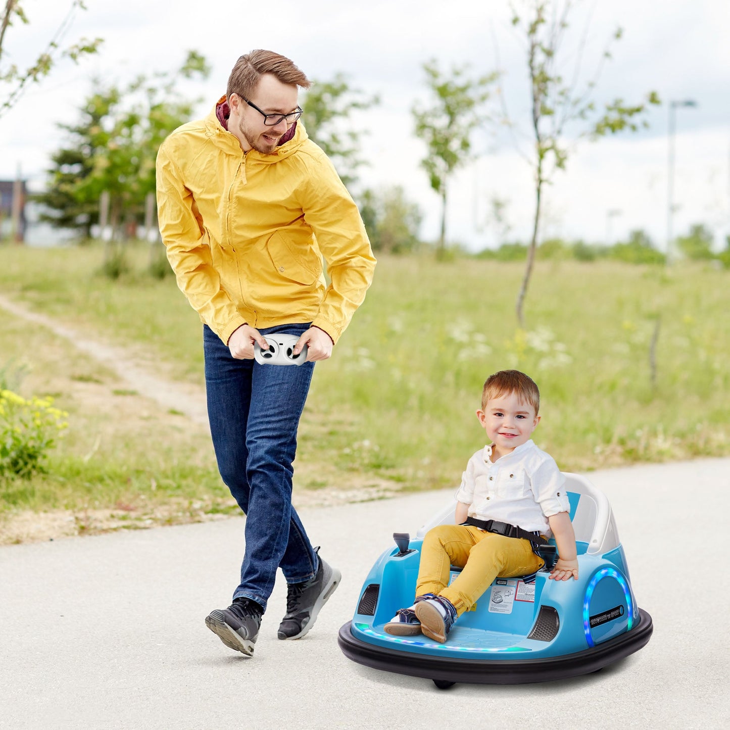 AIYAPLAY 360Â° Rotation Kids Bumper Car, 12V Waltz Car with Remote Control, Dual Joystick, Music, Lights, Light Blue