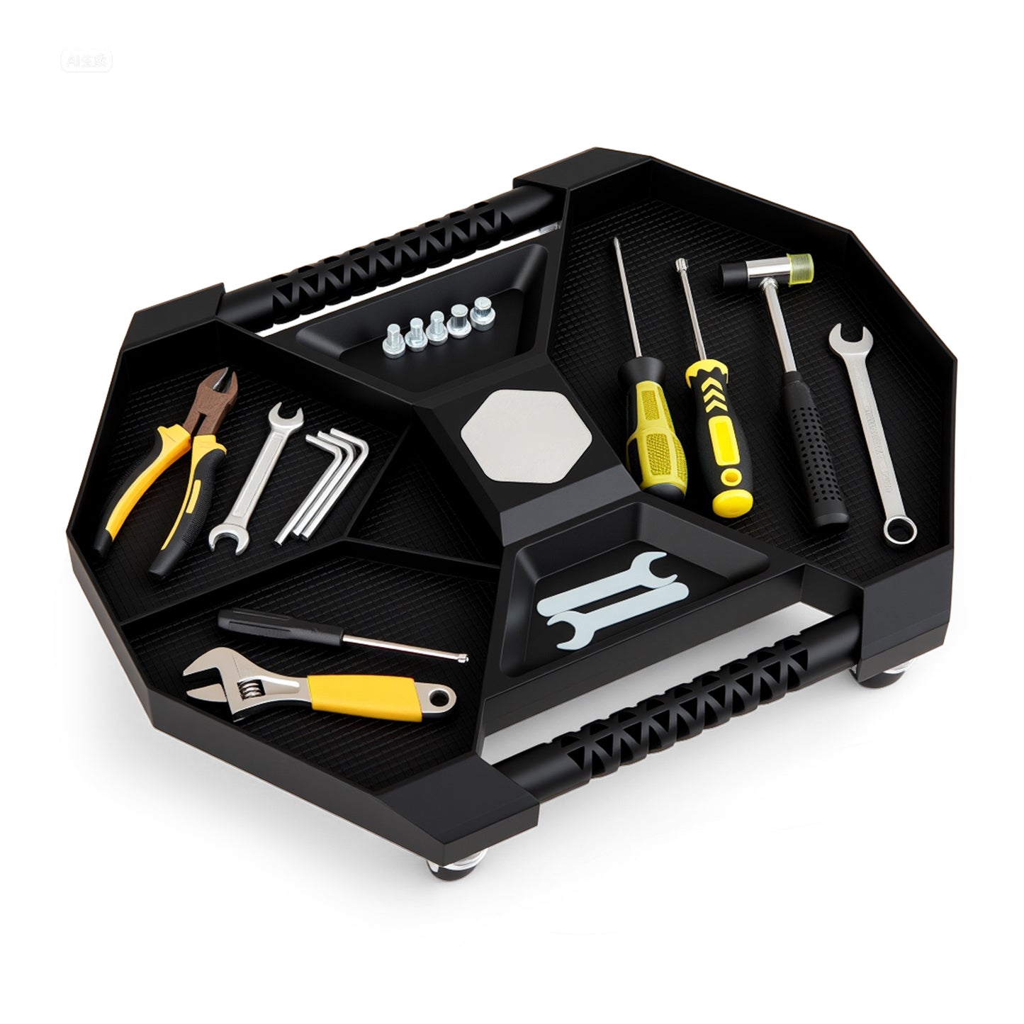 Tool Creeper Rolling Tool Tray with 4 Swivel Casters and 6 Compartments-Black