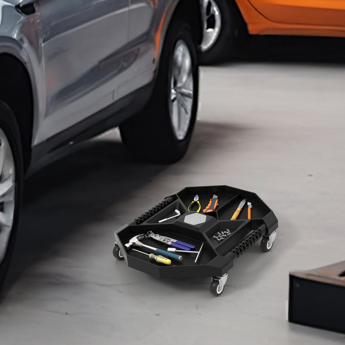 Tool Creeper Rolling Tool Tray with 4 Swivel Casters and 6 Compartments-Black