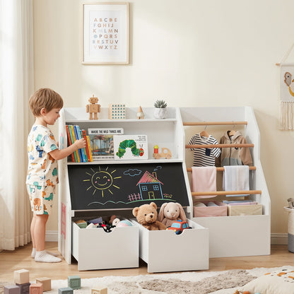 Toy Storage Organizer with Flip-up Blackboard and Movable Drawers for Playroom-White