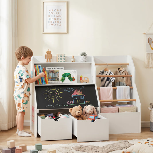 Toy Storage Organizer with Flip-up Blackboard and Movable Drawers for Playroom-White