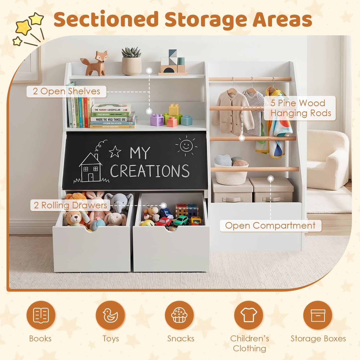Toy Storage Organizer with Flip-up Blackboard and Movable Drawers for Playroom-White