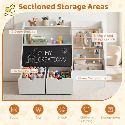 Toy Storage Organizer with Flip-up Blackboard and Movable Drawers for Playroom-White