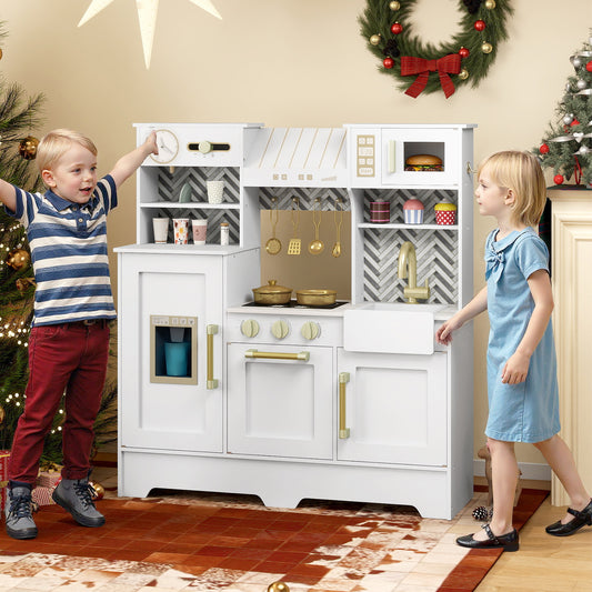 Toy Kitchen Playset with Coffee Station and Range Hood for Kids-White