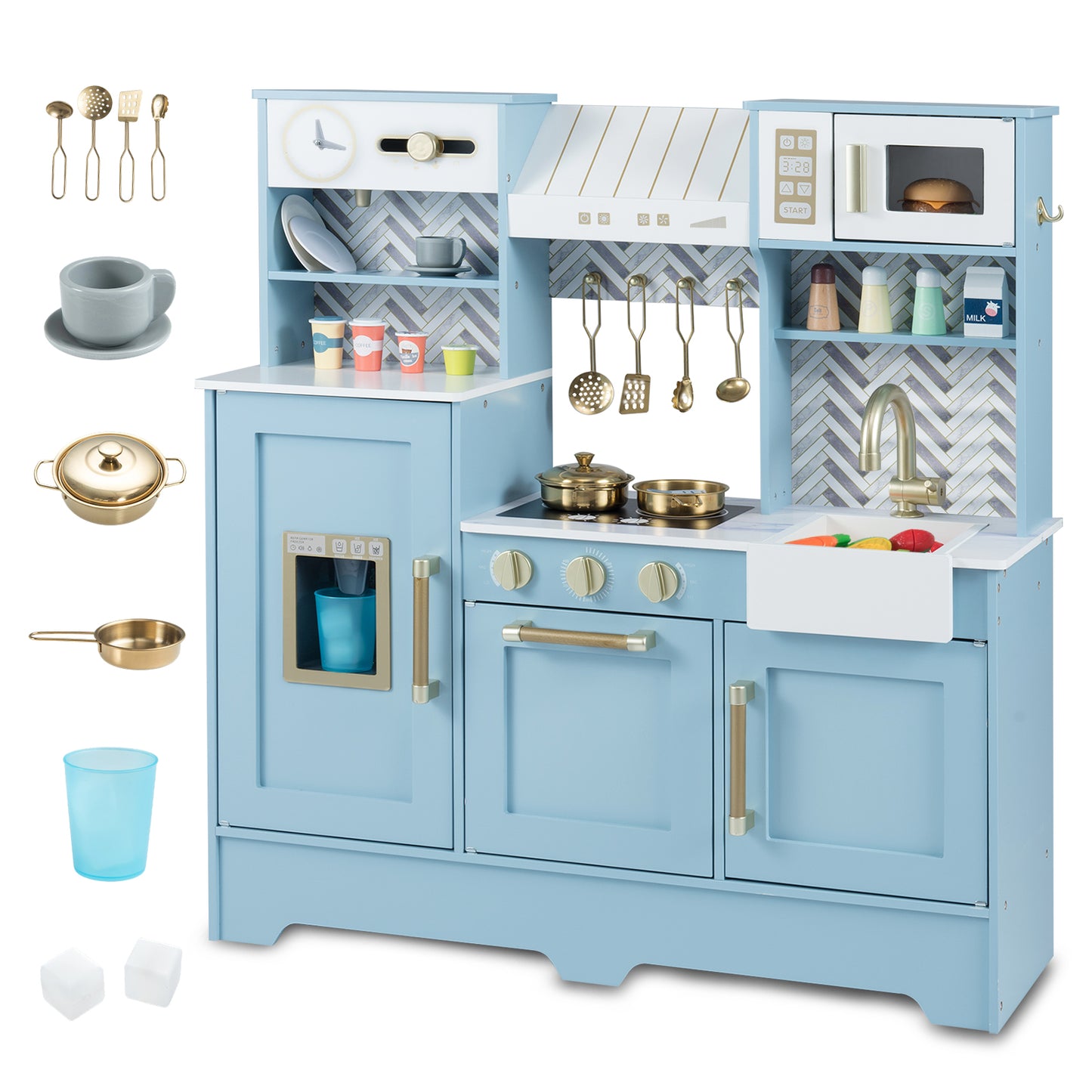 Toy Kitchen Playset with Coffee Station and Range Hood for Kids-Blue