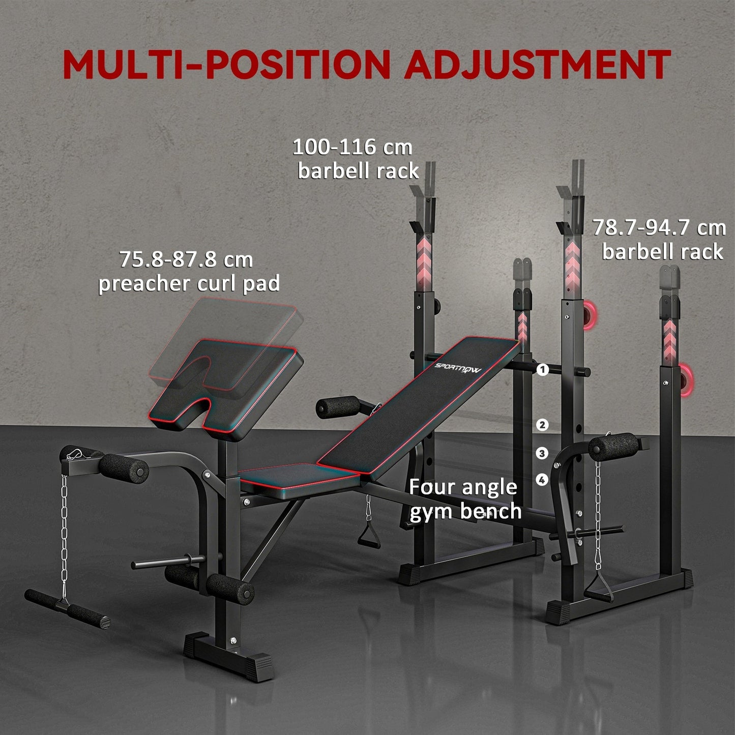 SPORTNOW Weight Bench with Two Barbell Racks, Leg Curl Machine, Preacher Curl Bench, Black