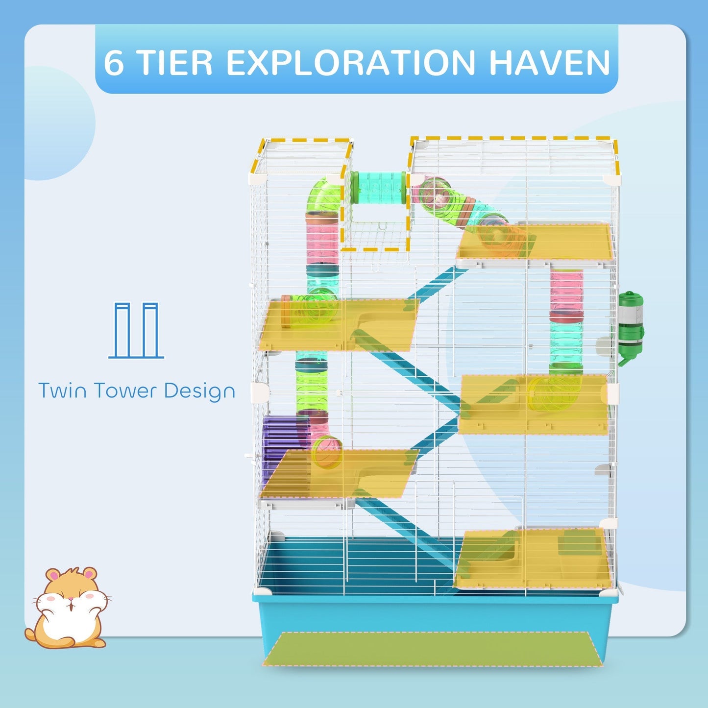 PawHut 6 Tier Hamster Cage, Small Animal Cage with Tubes, Exercise Wheel, Ramps, Hut, Food Dish, Water Bottle, Light Blue