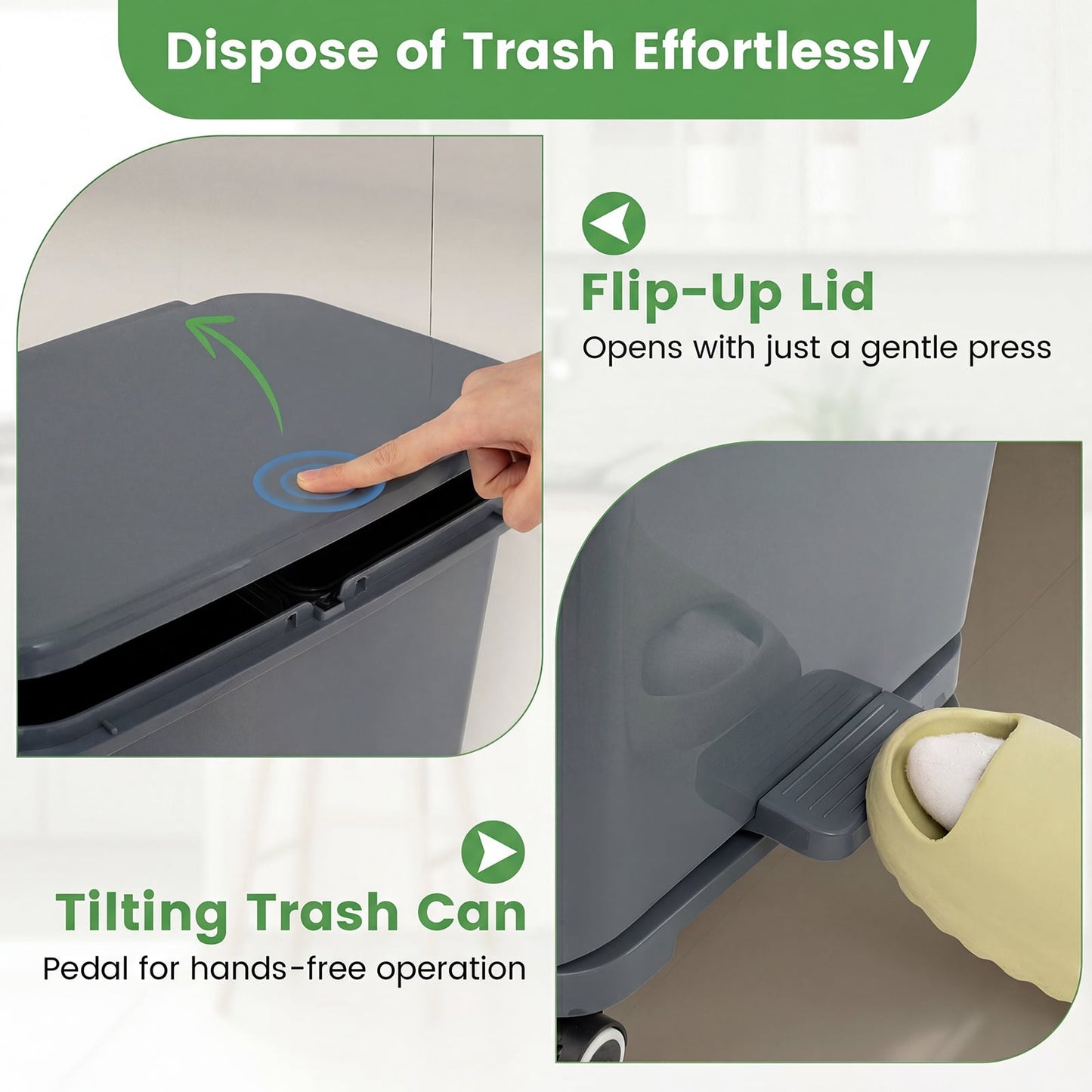 Trash Can with 2 Removable Bins and Tilting Compartment for Kitchen Office-Grey