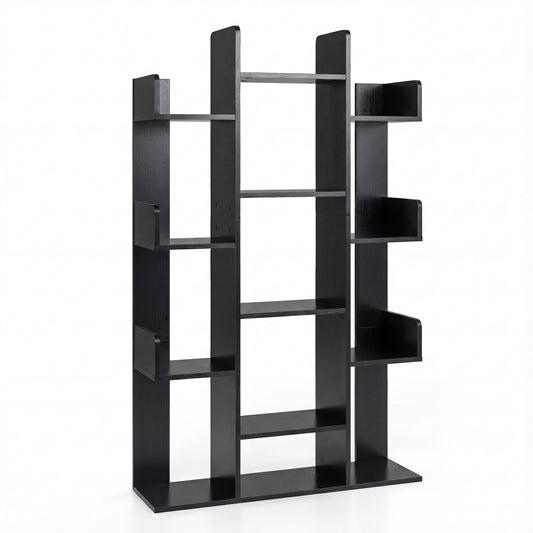 Tree Bookshelf Corner Books Storage Organizer with 13 Open Shelves-Black