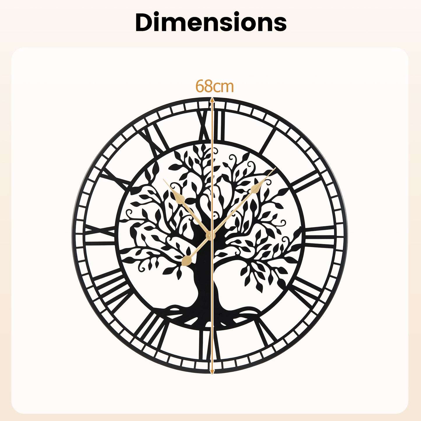 Tree of Life Non-Ticking Metal Wall Clock for Living Room Bedroom Kitchen-Black