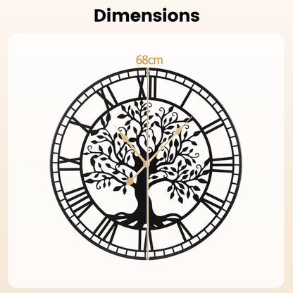 Tree of Life Non-Ticking Metal Wall Clock for Living Room Bedroom Kitchen-Black
