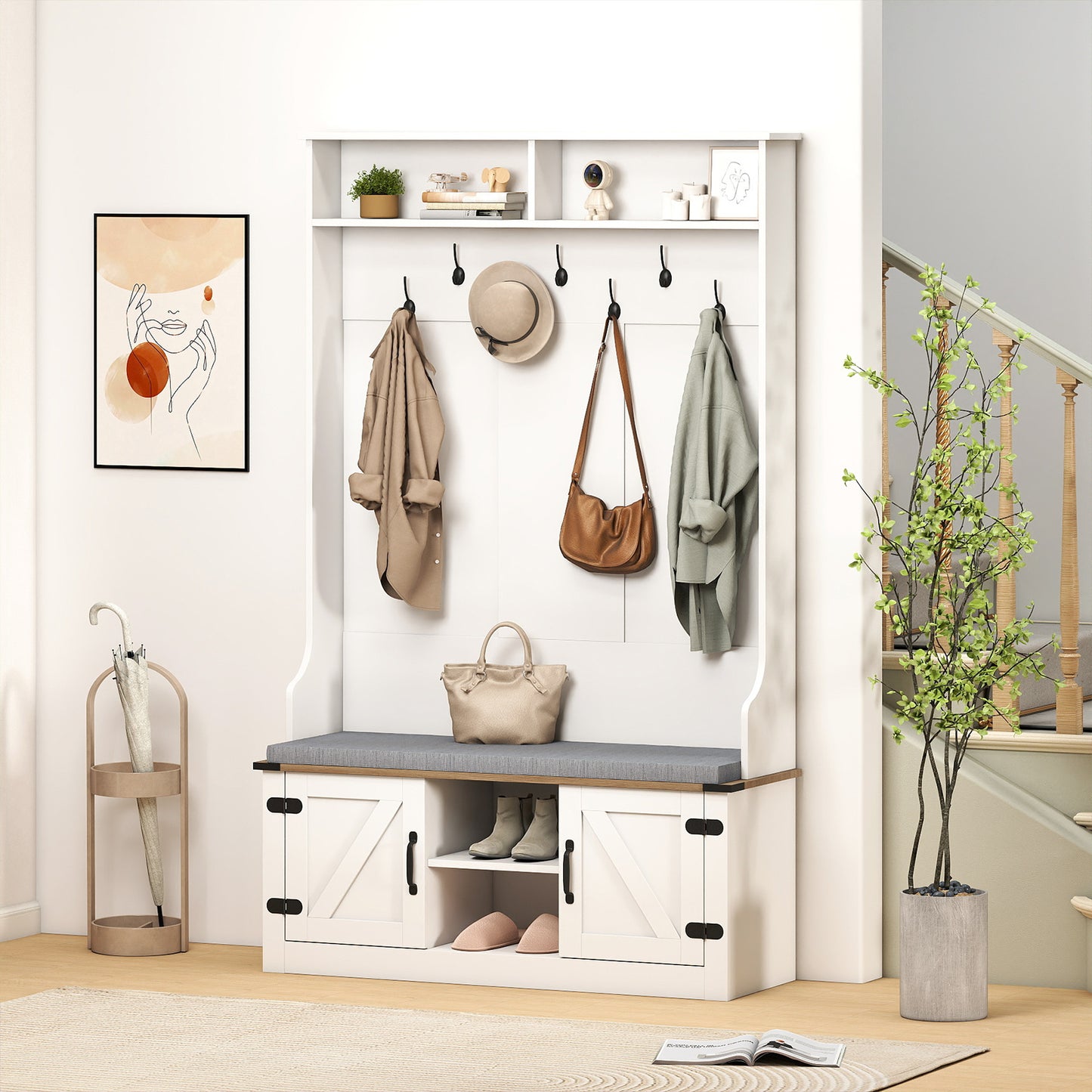 4-in-1 Hall Tree with Cushioned Bench and Shoe Storage for Living Room-White