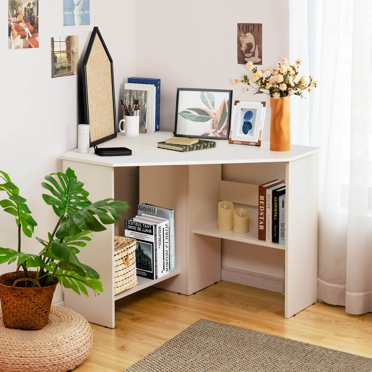 Triangle Corner Computer Desk with Open Shelf and Cable Holes-White