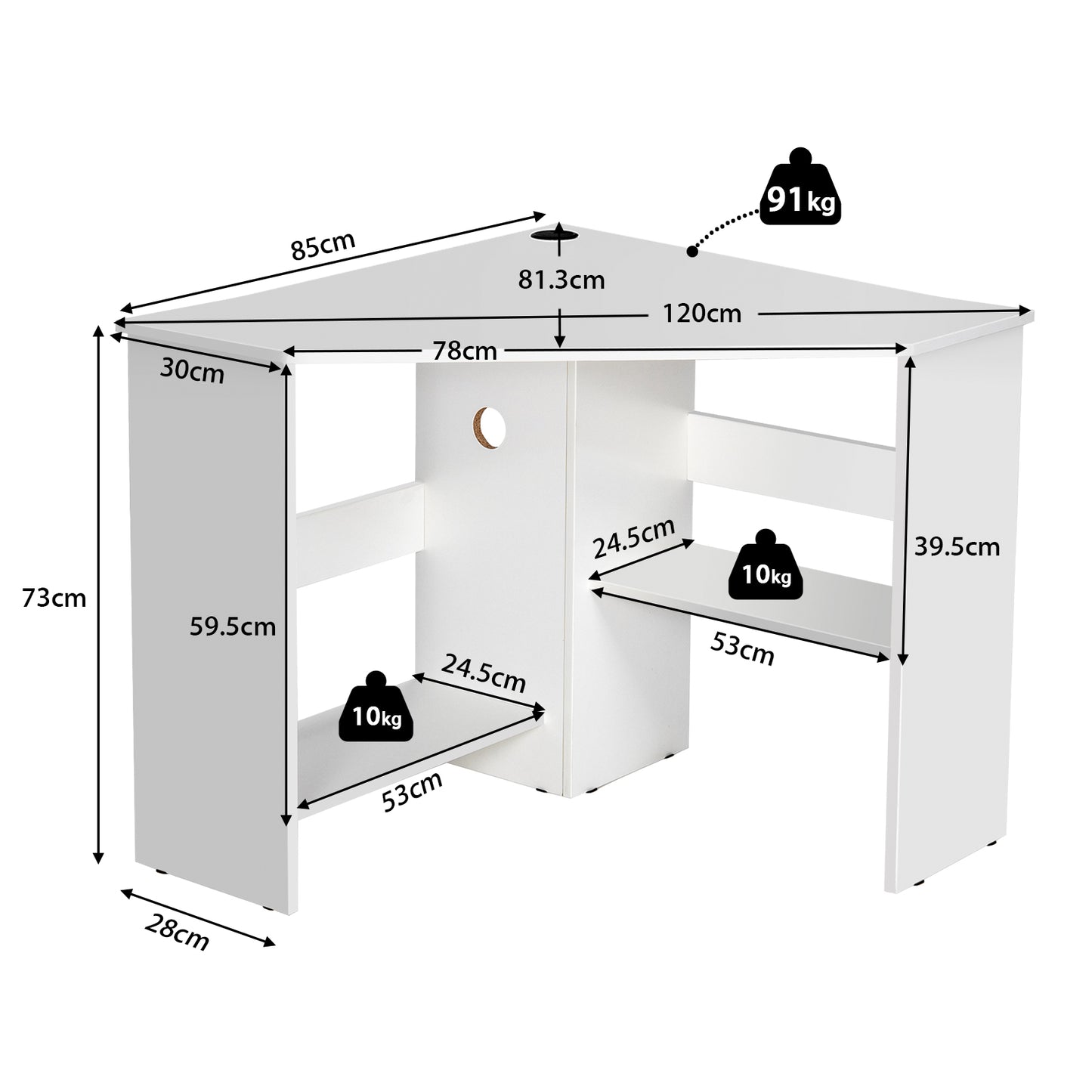 Triangle Corner Computer Desk with Open Shelf and Cable Holes-White