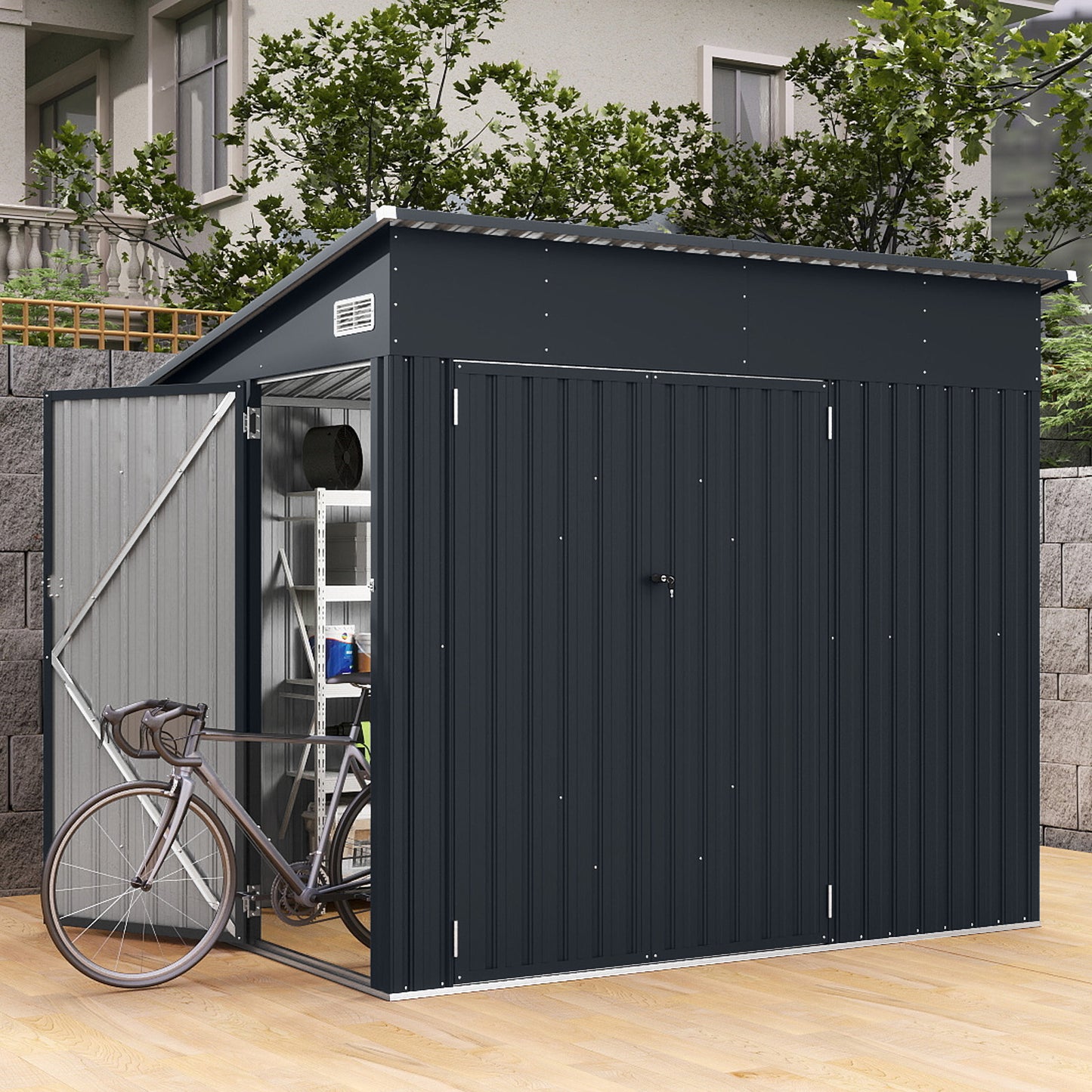 Triple Door Storage Shed with Galvanized Steel Tool and Bike Storage-Grey
