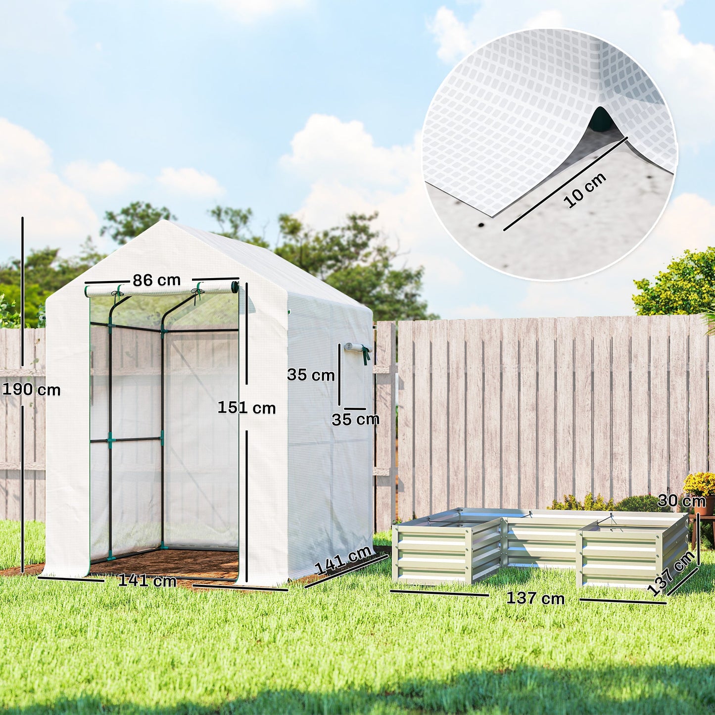 Outsunny Mini Greenhouse with Raised Garden Bed, Galvanised Walk-in Greenhouse with Roll Up Windows, 56" x 56" x 75", White