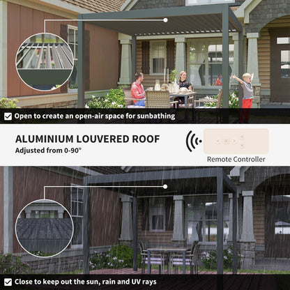 Outsunny 3 x 3(m) Electric Louvered Pergola with LED Lights, Aluminium Pergola Hardtop Gazebo with Remote, Adjustable Roof and Drainage System, Water and UV Proof