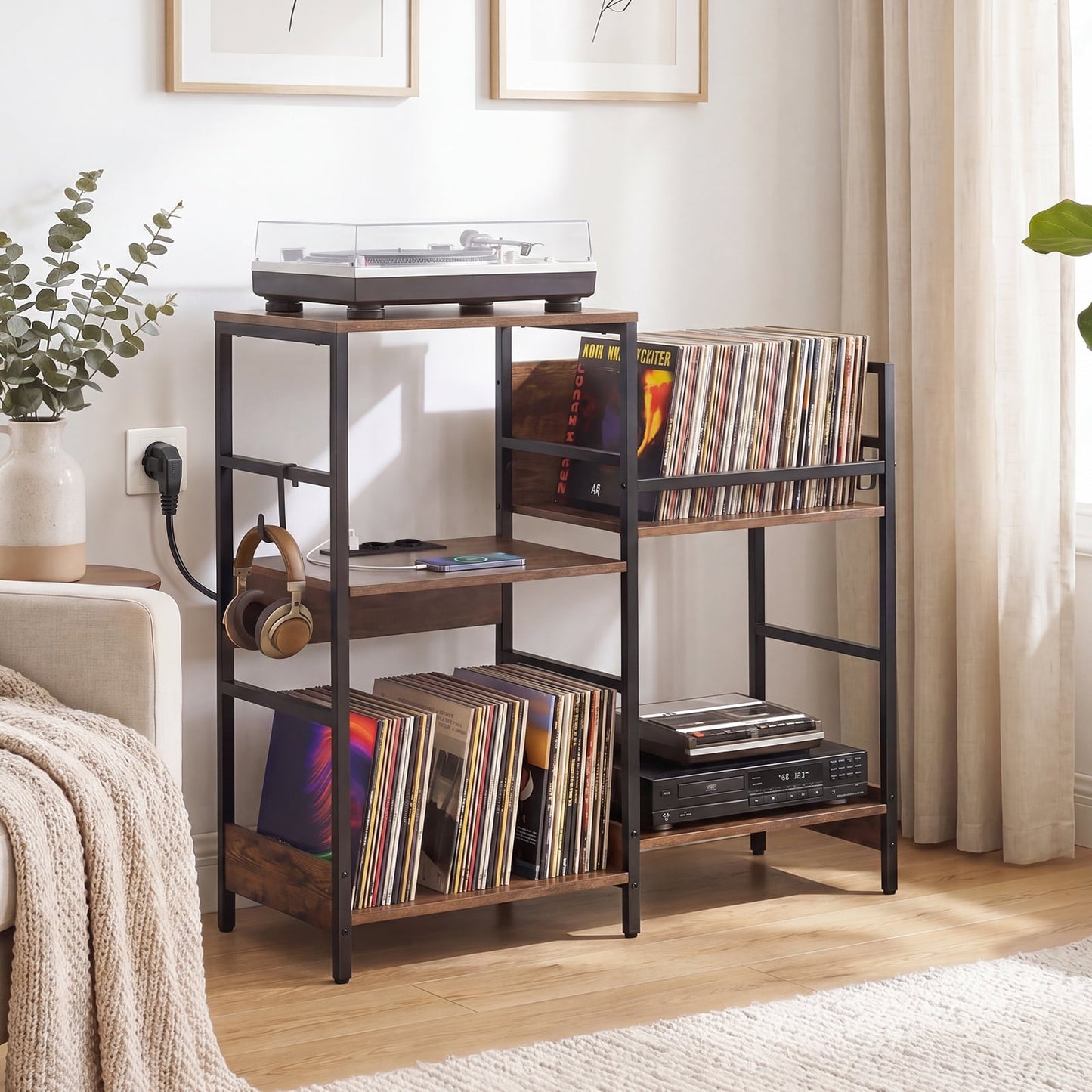 Turntable Stand with Record Rack Hanging Hooks and Compartments for Bedroom-Brown