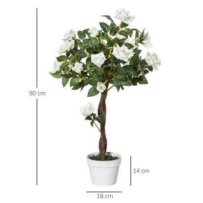 Outsunny Artificial Plants White Rose Floral in Pot, Fake Plants for Home Indoor Decor, 90cm