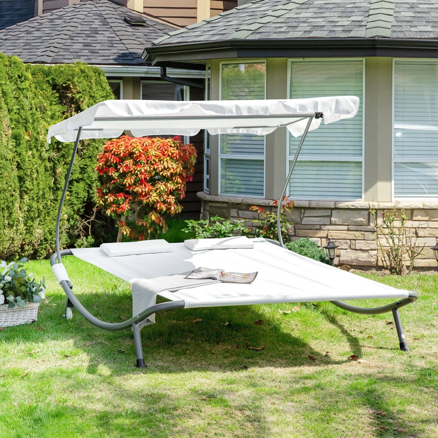 Outsunny Double Sun Lounger with Adjustable Detachable Canopy, Portable Garden Daybed for 2 with Wheels, Outdoor Sunbed Hammock with 2 Pillows, 220 KG Max. Load, White