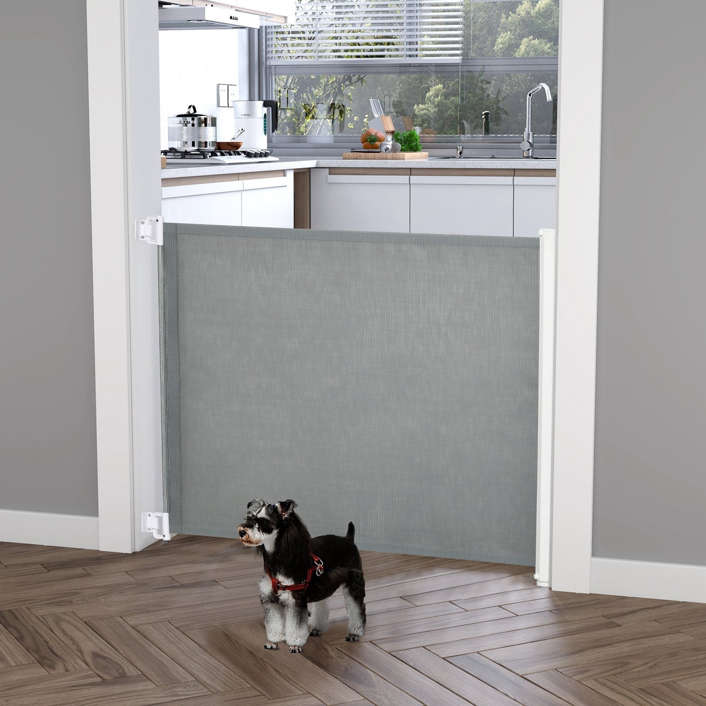 PawHut Retractable Stair Gate for Dogs, Pet Mesh Safety Gate Extends up to 115cm for Doorways Indoor- Grey