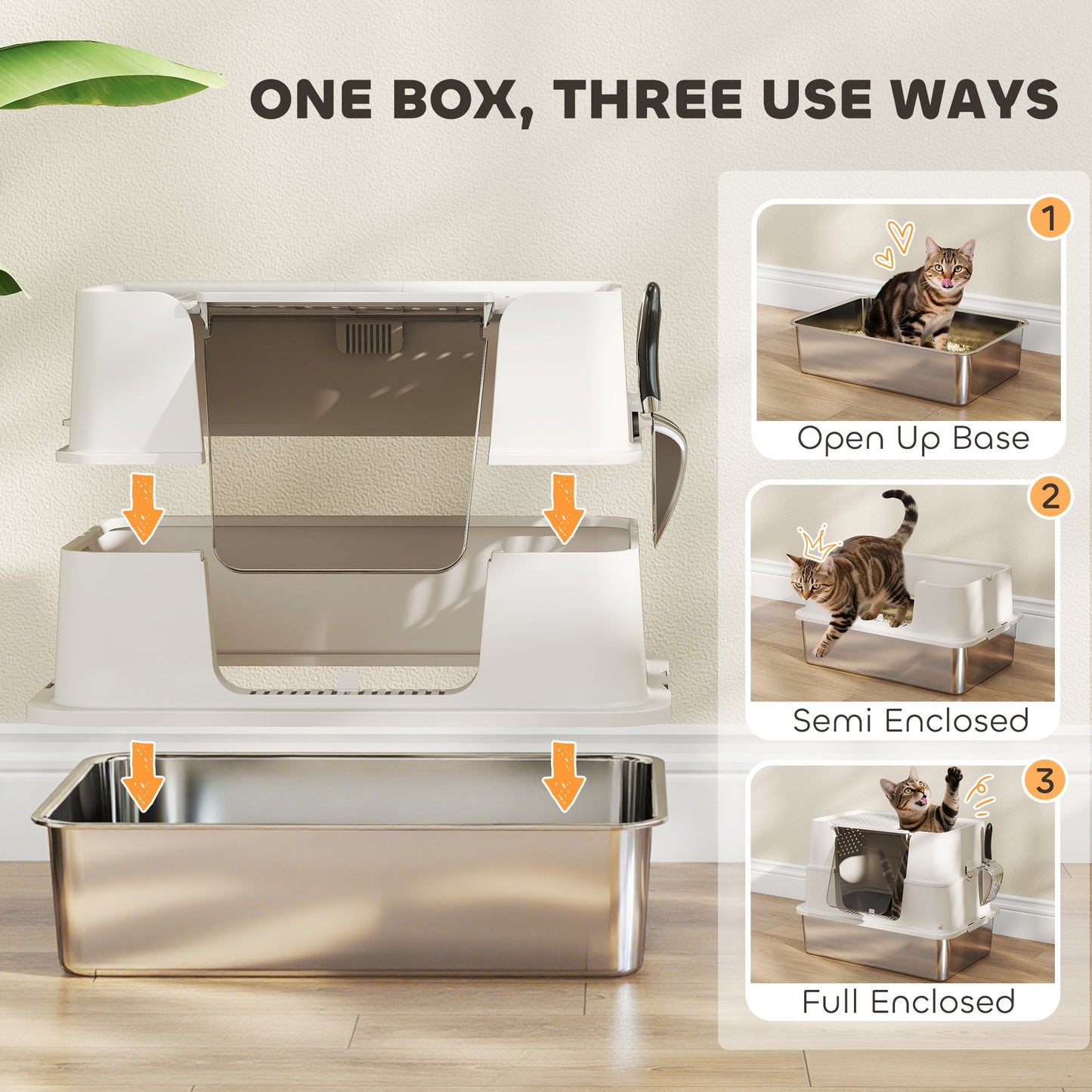 PawHut XL Stainless Steel Litter Box w/ 100Â° Flip Top, Scoop, Side Top Dual Entry, Odor Free, Easy Cleaning, Anti Leakage